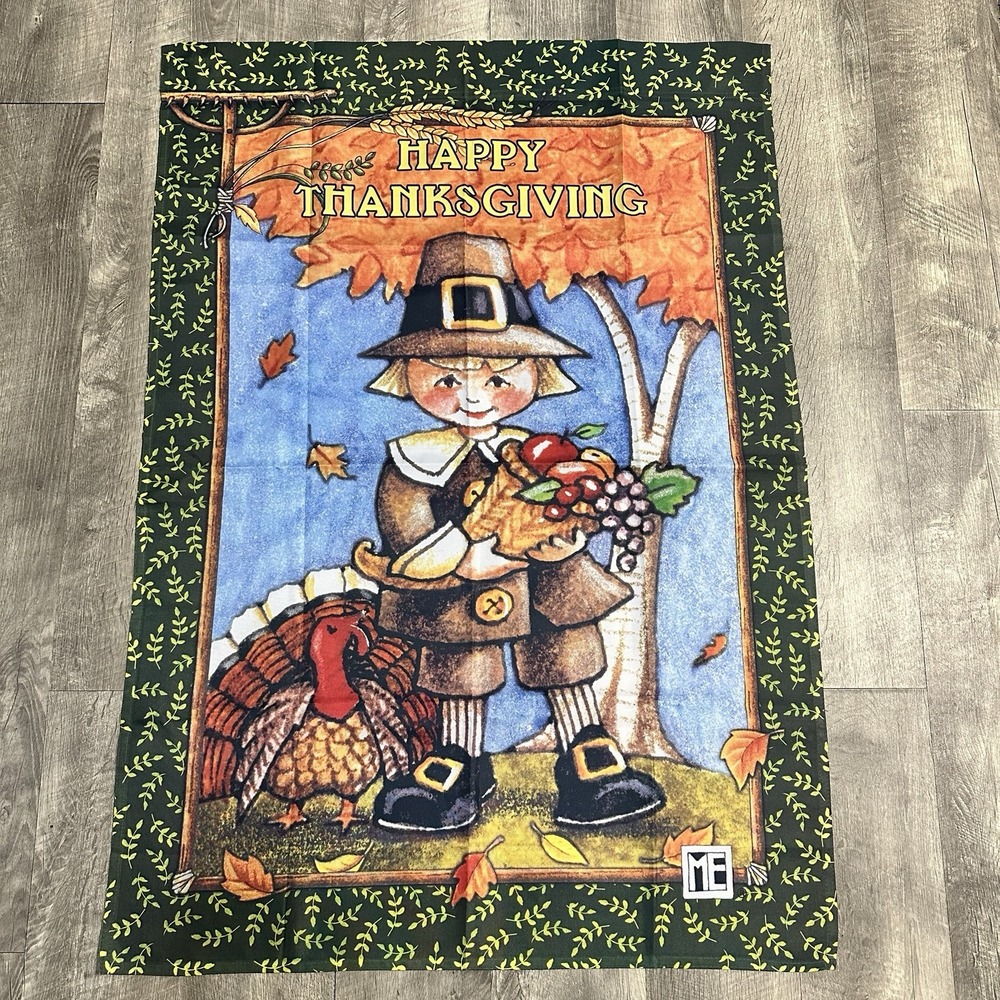Vintage Mary Engelbreit Hamilton Collection Thanksgiving Flag 28x40